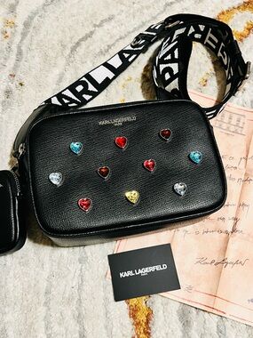 Karl Lagerfeld Black Leather Crossbody Bag with Multicolor Heart Studs